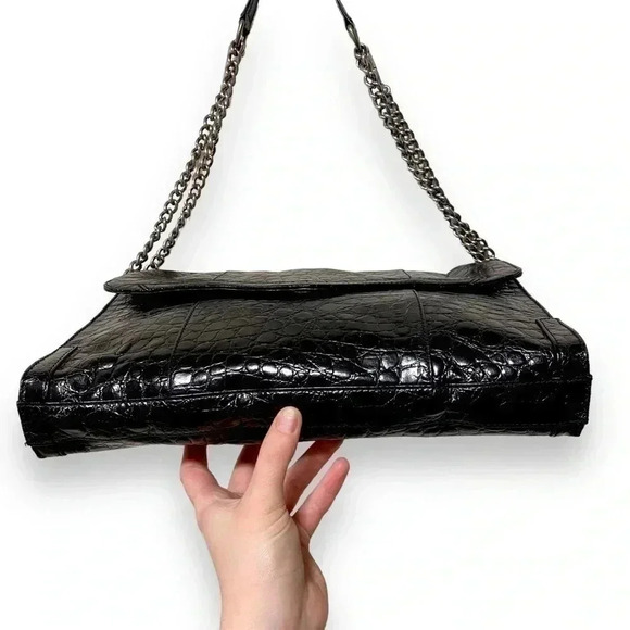 Rebecca Minkoff Black Leather Croc Embossed Silver Chain Crossbody Bag Purse - Picture 8 of 10